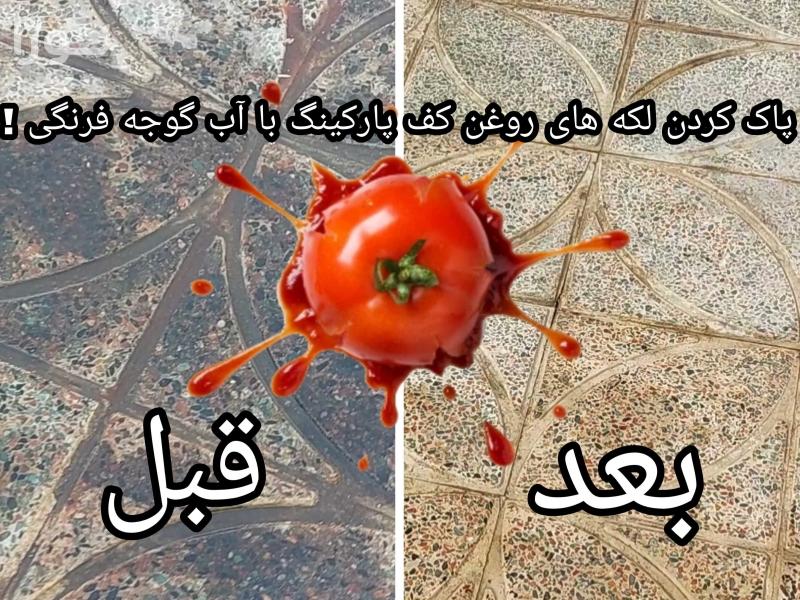 پاک کردن لکه های روغن ماشین کف پارکینک با آب گوجه فرنگی! + ویدیو