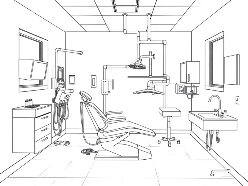 لوله کشی روکار یونیت دندانپزشکی - نمای شلوغ مطب دندانپزشکی با لوله کشی روی دیوار